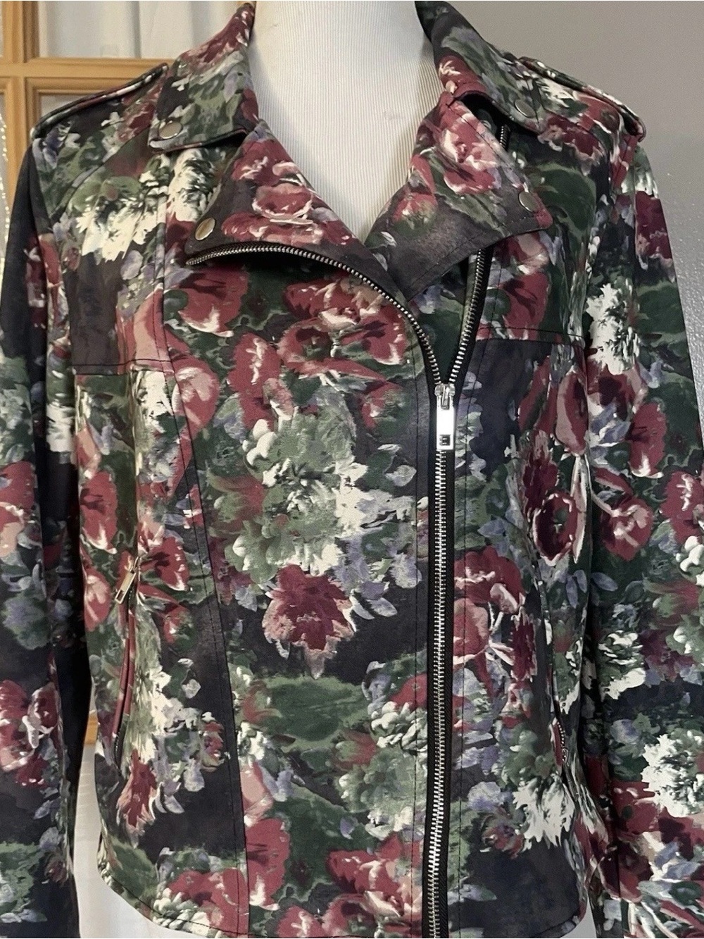 Colleen Lopez Floral Moto Jacket Women’s Sz L Full Zip Pockets Bikers Cottage